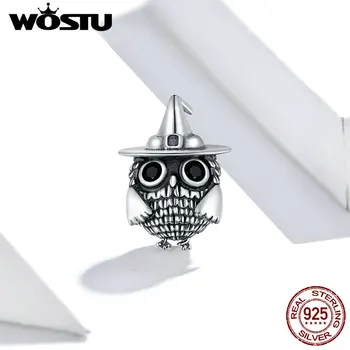 

Wostu Genuine 925 Sterling Silver Halloween Owl Original CZ Oxidized silver Charm for Brand Female DIY Jewelry make SCC1616