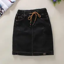 Черные женские джинсовые юбки весенние летние резинка на талии хлопок натуральная Талия s-xxl длина до колена прямые джинсовые юбки 860