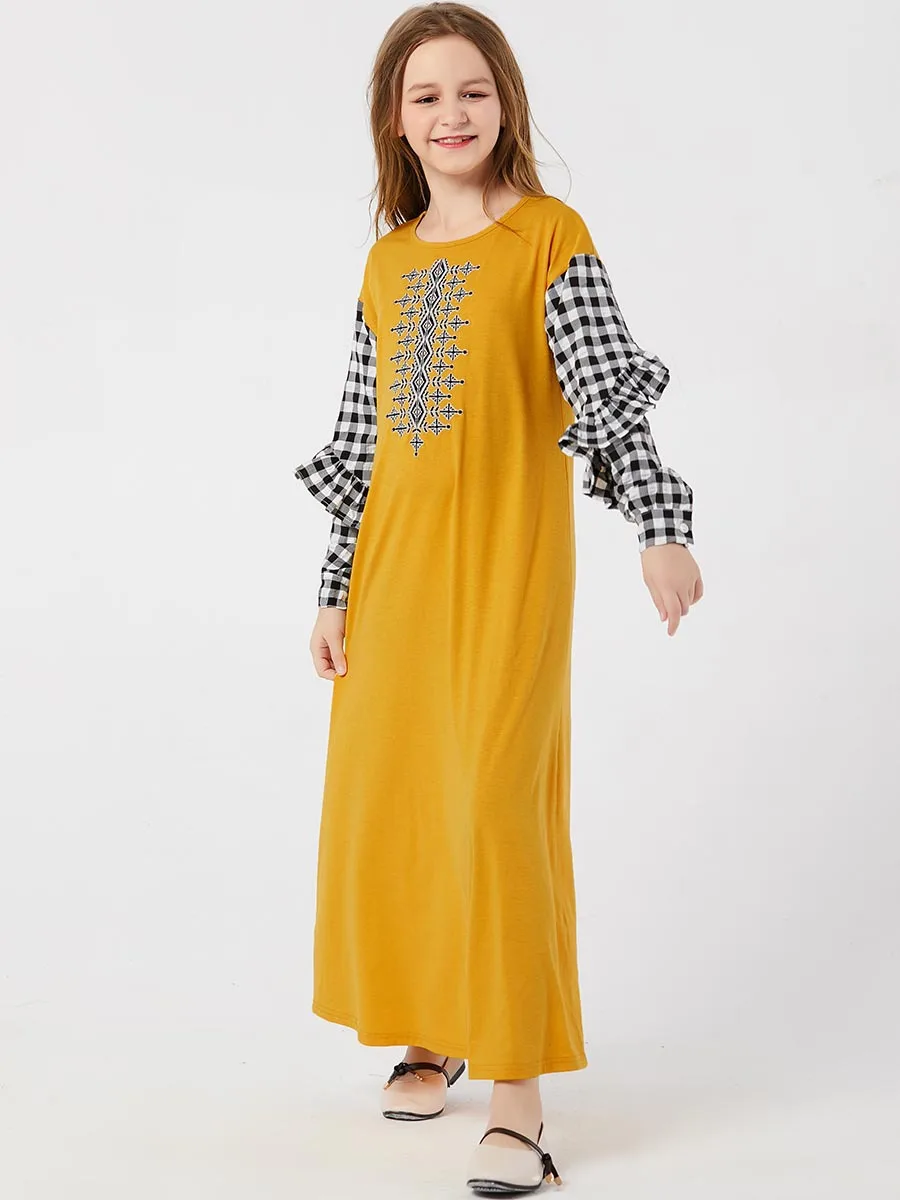 Коллекция 2019 года, модное желтое лоскутное платье с длинными рукавами и круглым вырезом для маленьких девочек повседневное мусульманское