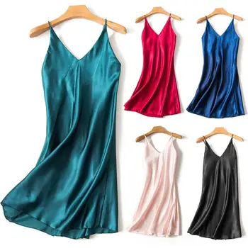 

Women Solid Color Deep V-neck Silk Satin Sling Sleep Dress Sleepwear HY1 Deep V Simulation Silk Suspenders Short Nightdress
