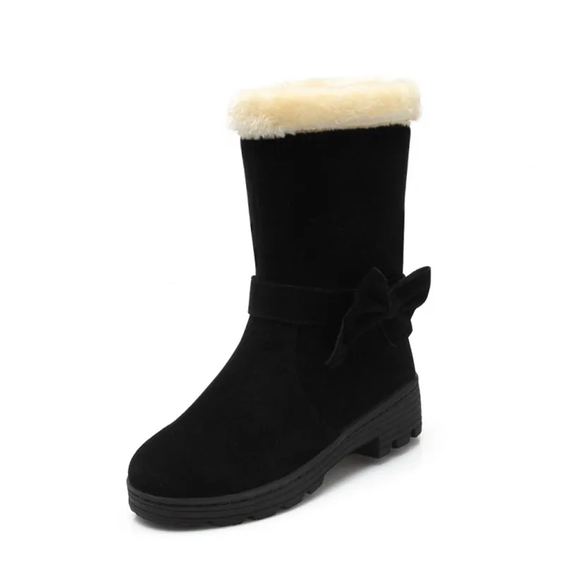 MORAZORA/зимние теплые модные зимние ботинки с бантом удобная женская обувь из флока ботильоны на платформе с круглым носком - Цвет: Черный