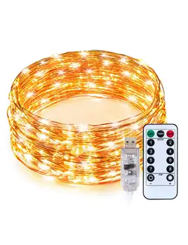 

33ft 100 LEDs USB Powered Warm White Dimmable Copper Wire String Lights,8 Lighting Modes,15 brightness levels, Remote Control