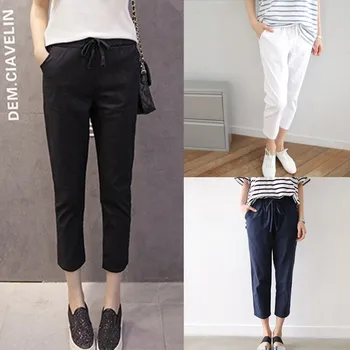 

Solid Color Cotton Linen Cropped Trousers Loose Women Drawstring Harem Pants Loose Ankle-Length Casual Cotton Linen Harem Pant