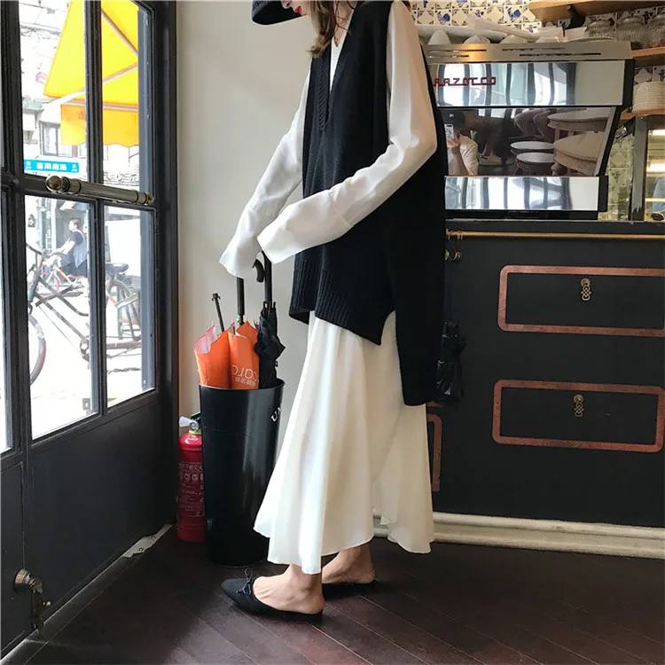 Harajuku женский костюм из двух предметов Осень корейский v-образный вырез вязаный широкий жилет и белый длинный рукав платье ансамбль женский