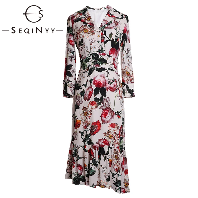 

SEQINYY Midi Dress 2020 Summer Spring New Fashion Design Women Ruffles Flowers Print High Quality Slim Midi Dress