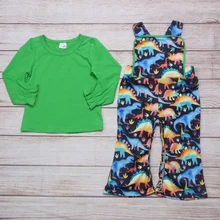 Vêtements d'été pour filles, couleur verte, manches longues, haut et sangle noire, combinaison, motif imprimé dinosaure, vêtements pour filles 