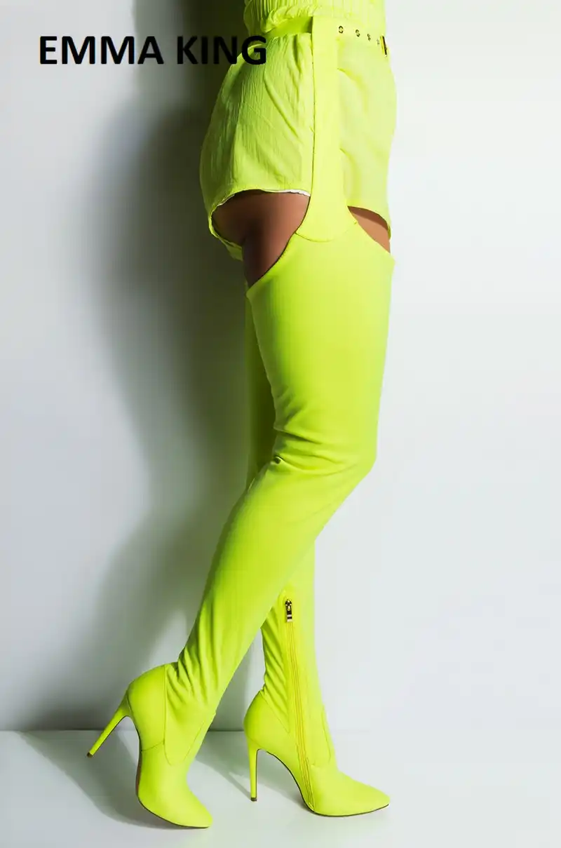 neon green thigh high boots