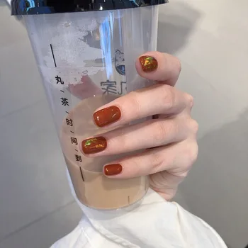 

24Pcs/boxed Laser Candy Cellophane Caramel Color Short press on Nail with Diamond Wearable Full Cover fake finger nail with gule
