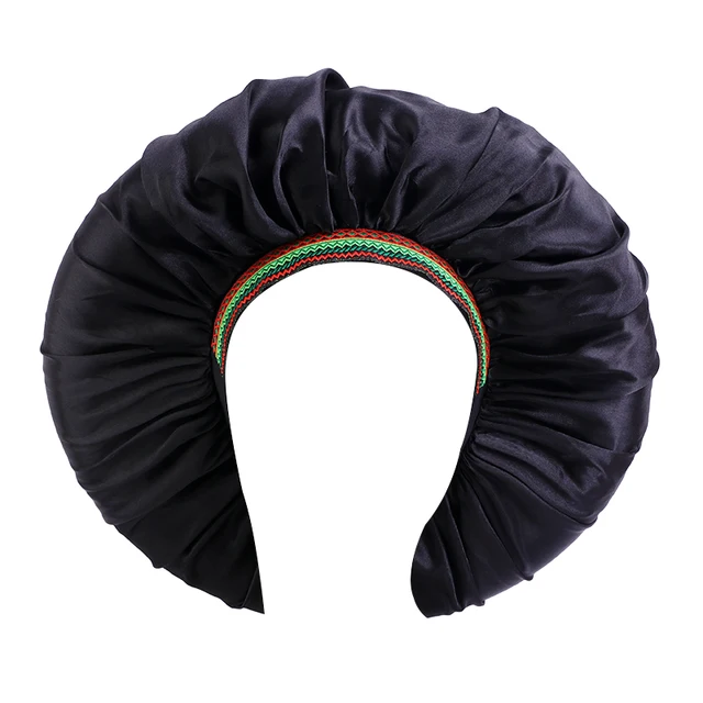 New Women Big Size Beauty print Satin Silky Bonnet Sleep Night Cap Head Cover Bonnet Hat for For Curly Springy Hair Black 1003B BLACK