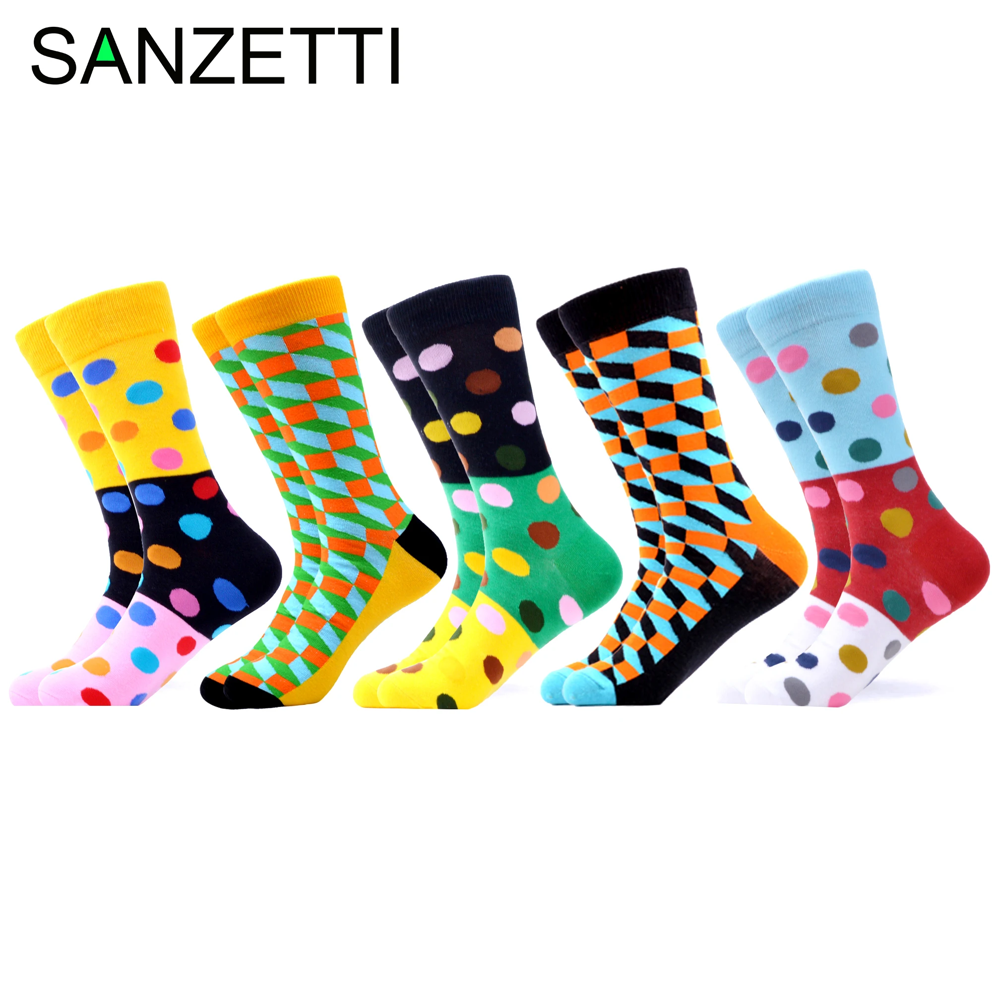

SANZETTI 5 Pair/Lot Colorful Men's Casual Combed Cotton Multi Happy Crew Socks Hip Hop Novelty Bright Comfy Wedding Dress Socks