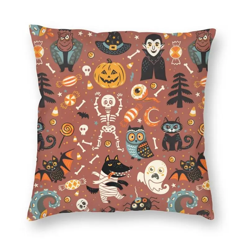 

Happy Halloween Skull Cushion Covers Sofa Living Room Monster Spooky Horror Pattern Square Pillow Case 40x40