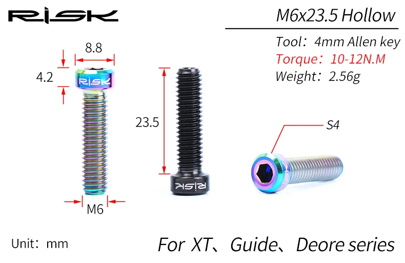 RISK титановые полые болты сверхлегкие M6* 23,5 MTB Гидравлический дисковый фиксированный винт для Shimano Deore Guide XT отдельный масляный цилиндр