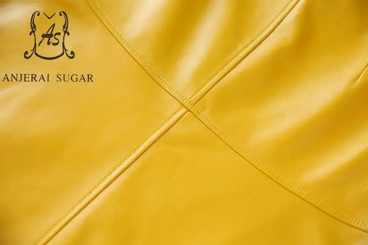 Autumn winter Genuine leather skirts womens yellow High waist Splicing sheepskin dermis OL office A line Super Long Horn Skirt