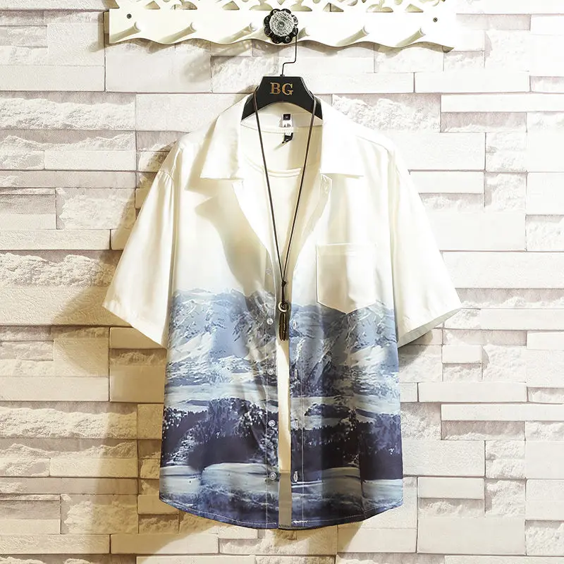 Men's short-sleeved shirt 2020 spring and summer new comfortable landscape painting printed shirt youth fashion trend men's
