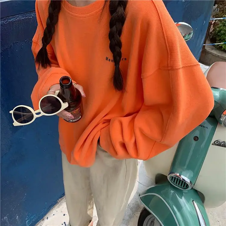 Letter Printed Casual Loose Thick Velvet Simple All Match Winter New Arrival Hot Sale Female Women Long Sleeve Sweatshirts - Color: Orange