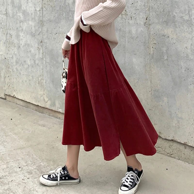 

2019 autumn and winter models corduroy front short long irregular skirts playful retro cotton long skirt wine red dark blue