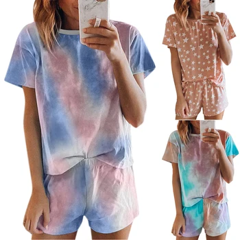 

Women O-Neck Tie Dye Star Print Pajamas Set Short Sleeves Tee Top Short Bottom Cotton Blend Summer Homewear Suit