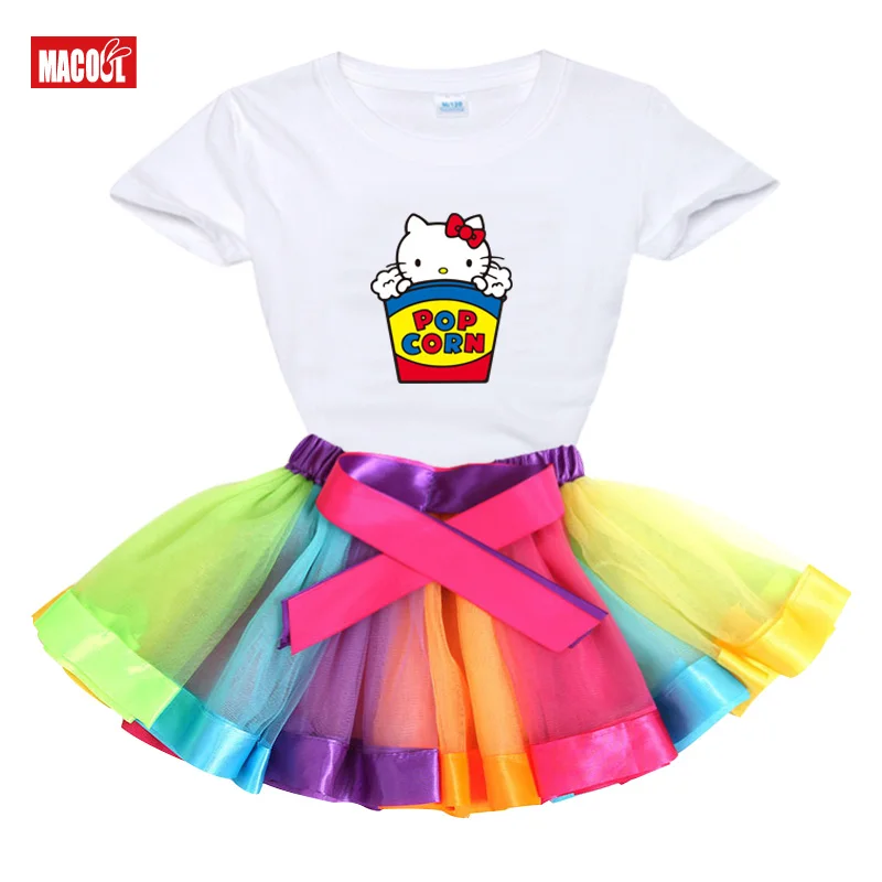 

Girls Sets Summer 2020 T Shirt Hello Kitty Tutu Dress+tShirt 2 Piece Rainbow Dress Toddler Cute Dress Princess Lovely Outfit Set