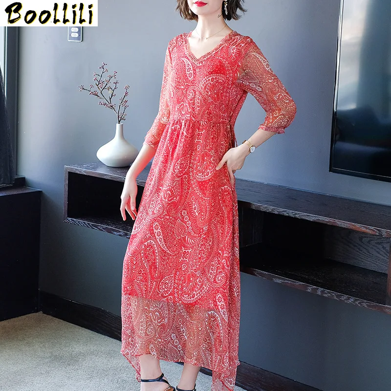 

Boollili 100% Real Silk Dress Women Spring Summer Long Dress 2020 V Neck Floral Red Beach Dresses Boho Vestido