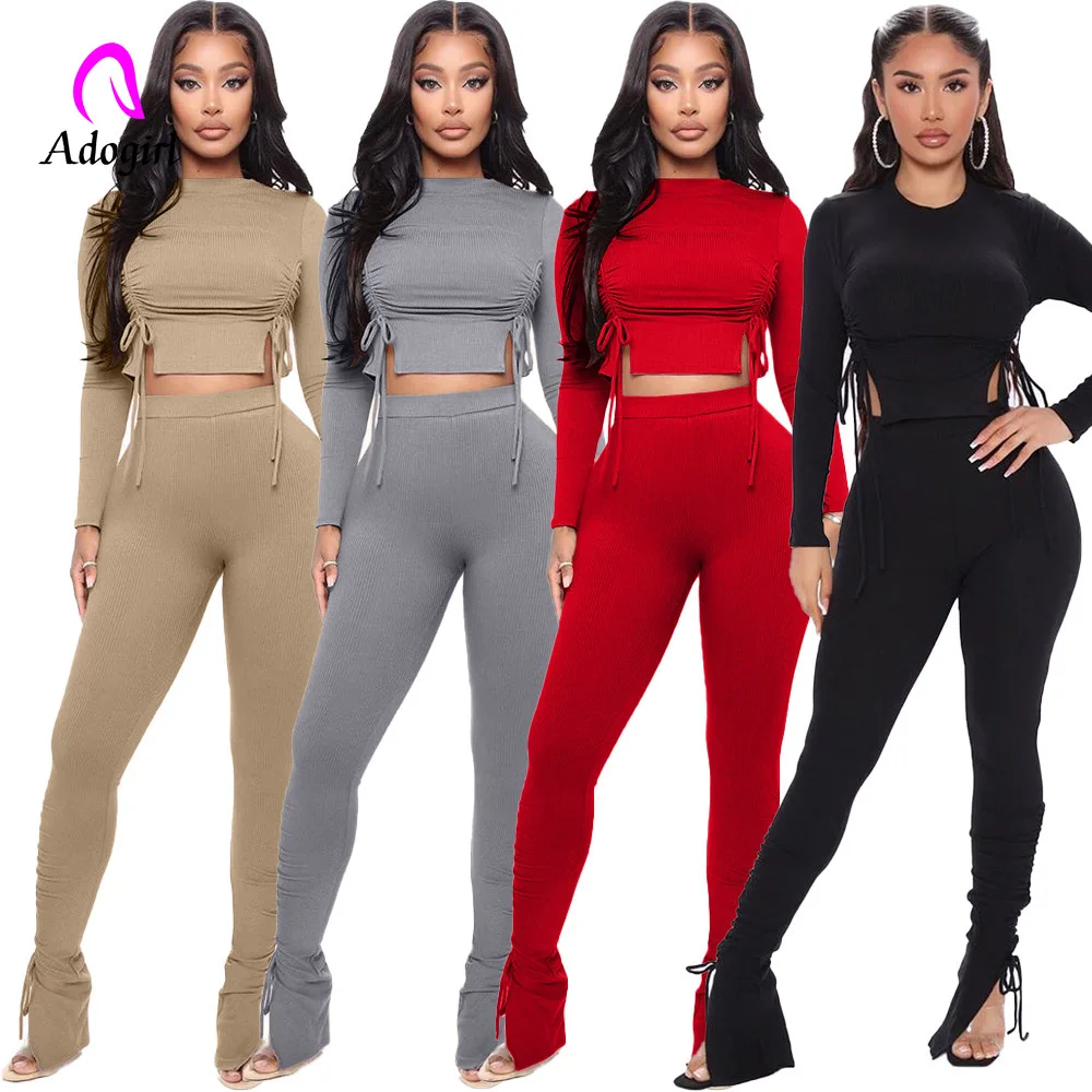 

Plain Color Women 2 Piece Set Elastic High Ruched Drawstring Costume Long Sleeve Ribbed Crop Top & Stacked Sweatpant Sweatsuits