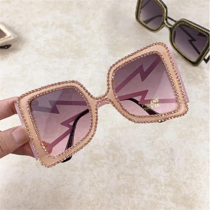 Vazrobe, роскошные брендовые дизайнерские солнцезащитные очки, женские, стразы, алмазный камень, солнцезащитные очки для женщин, для девушек, негабаритных шоу, мода - Цвет линз: Розовый