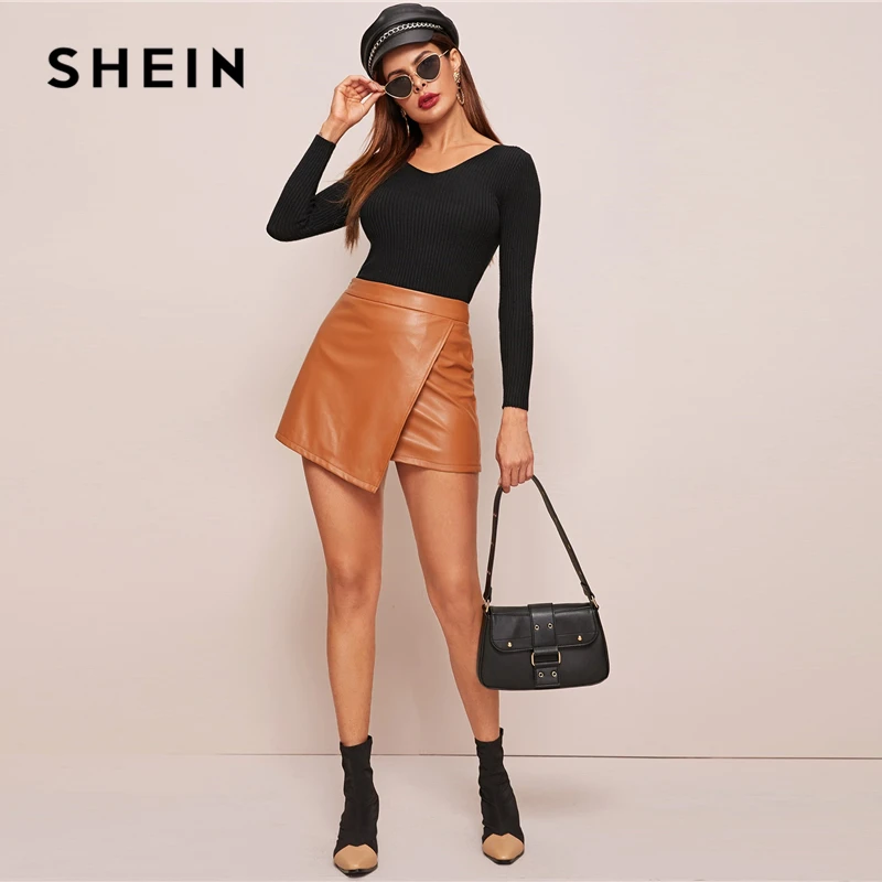SHEIN однотонный облегающий эластичный свитер Basics с v-образным вырезом для женщин, осень, с длинным рукавом, для офиса, для девушек, в рубчик, вязанный, Повседневный свитер