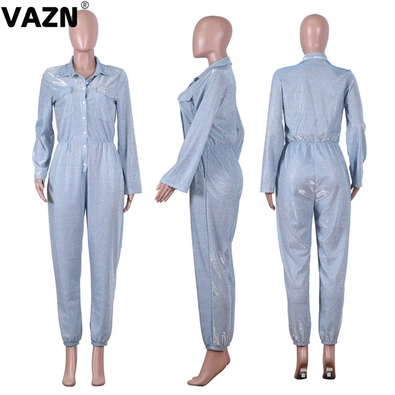 VAZN ME361Solid blue Прямые длинные брюки сафари сексуальный женский комбинезон с отложным воротником с длинными рукавами спортивные костюмы длинный комбинезон
