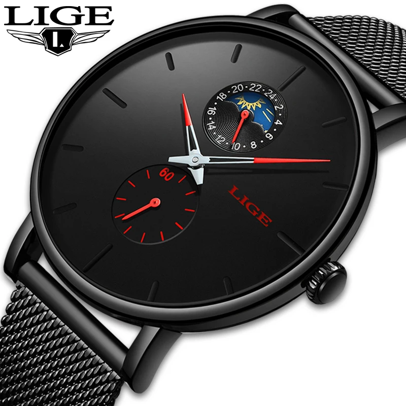 

LIGE Quartz Watch Men Casual Red Waterproof Watch Stainless Steel Ultra Thin Male Clock 24 hour Watches Relogios Masculino 2019