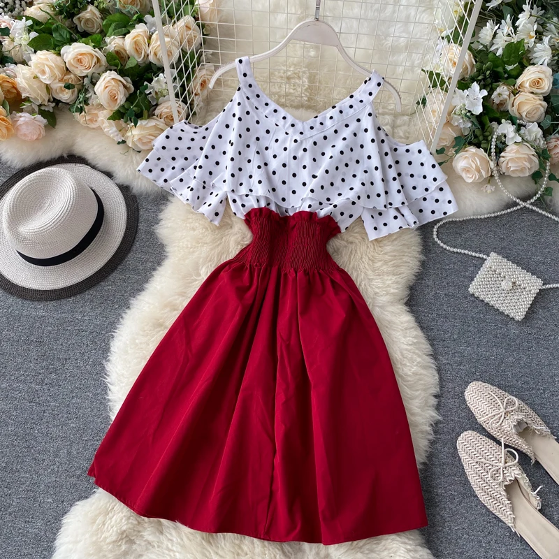 Boho Ruffles sexy Off shoulder polka dot print patchwork Summer short Dress Women slim waist dress casual a-line beach dress