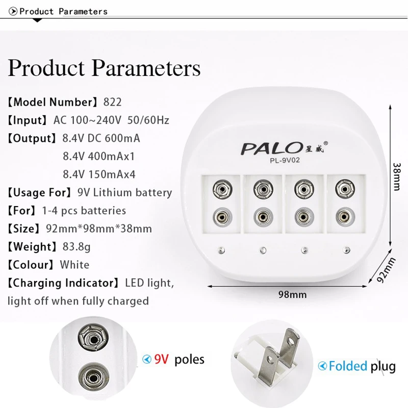 Palo супер быстрый Мощность 4 слота 9V Батарея Зарядное устройство для детей в возрасте от 9v 6f22 литий-ионная аккумуляторная батарея светодиодный дисплей умная зарядка