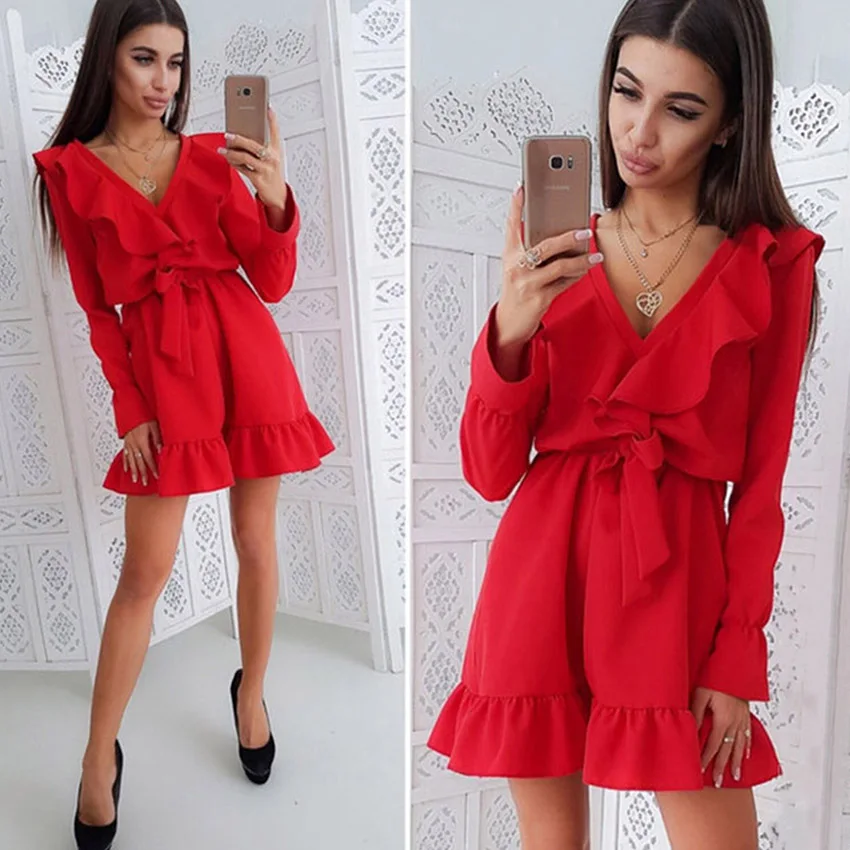 

Short Sexy Mini Dresses V-Neck Lacing Ruffle Long Sleeve Autumn Dress Women Casual Plus Size Comfortable Soft Party Mini Dresses