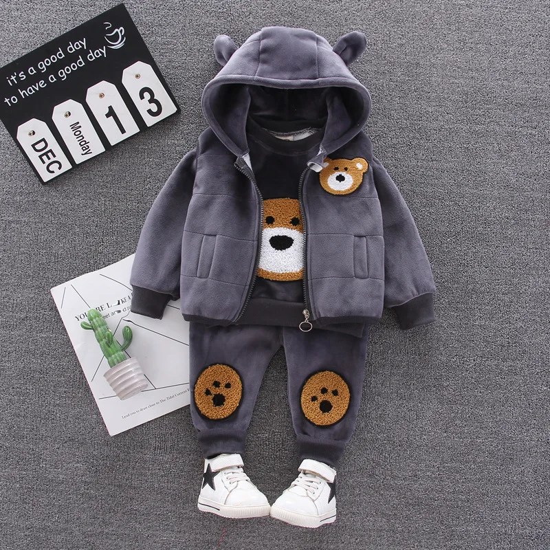 baby outfit matching set Baby clothes winter thick warm suit cartoon bear hooded sweater baby boy baby girl fleece children gold velvet three-piece suit best Baby Clothing Set