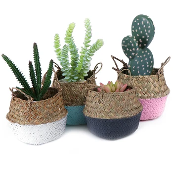 

1Pc Fashion Storage Basket Rattan Straw Basket Wicker Folding Flower Pot Flower Baskets