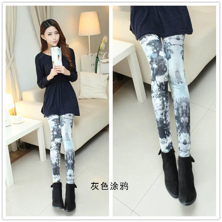 

Ultra-stretch Qmilch Printed Leggings Camouflage Graffiti Slim Fit Comfortable Versatile WOMEN'S Pants Outer Wear Tight-Fit Skin