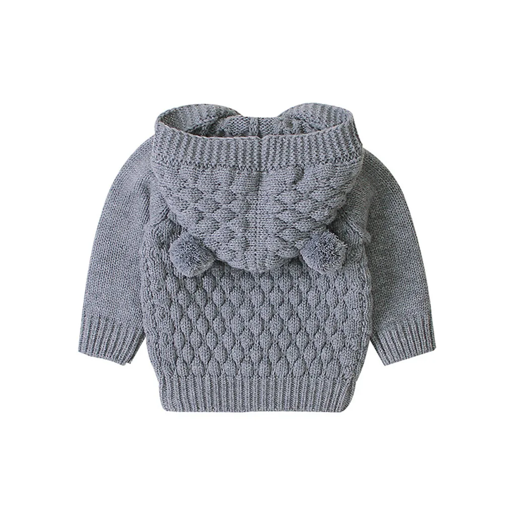 TELOTUNY, новая милая Одежда для новорожденных свитер с капюшоном и ушками для маленьких мальчиков и девочек однотонное Вязаное детское зимнее теплое пальто на пуговицах верхняя одежда 1104