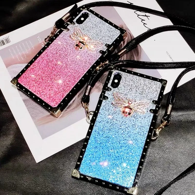 Luxury metal square silicone Glitter Bee Adjustable lanyard phone case For VIVO Y79 Y75 Y66 Y67 Y83 Y85 Y93 Y95 Y97 Y5S U3 Y19 | Мобильные