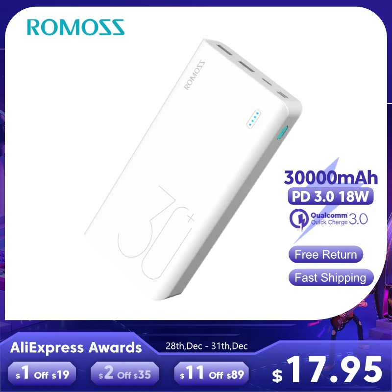 ROMOSS Sense 8 + внешний аккумулятор Пауэр банк 30000 мАч QC PD 3,0 Быстрая зарядка Повербанк 30000 мАч портативное Внешние аккумуляторы для Xiaomi Mi 