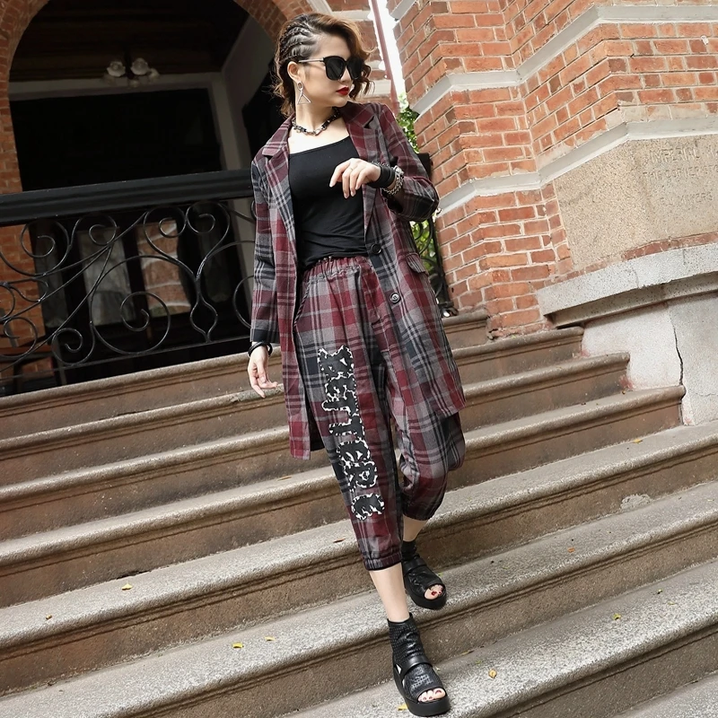 

Spring Top Quality Letter Printing Plaid Womens Three piece Sets Long Sleeve Cotton Linen Blazer Elastic Waist Cropped Trousers