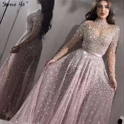 Новейший дизайн, розовые вечерние платья с высоким воротником, 2019, длинные рукава, расшитые блестками, Сексуальные вечерние платья Serene hilm