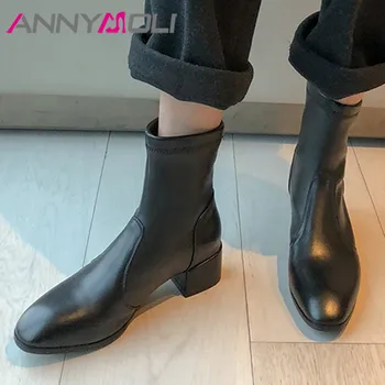 

ANNYMOLI Ankle Boots Women Shoes Genuine Leather High Heel Short Boots Round Toe Block Heels Boots Lady Autumn Black Khaki 40