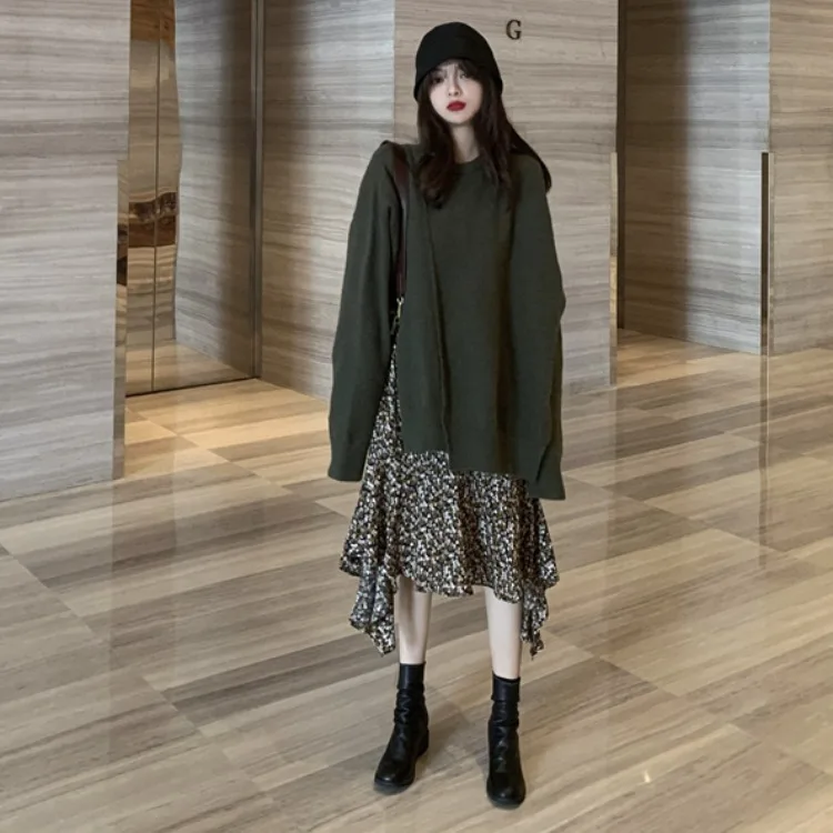 

Photo Shoot 2020 French Retro Leopord Pattern Dress + Front Short Long Back Pullover Sweater Sweater