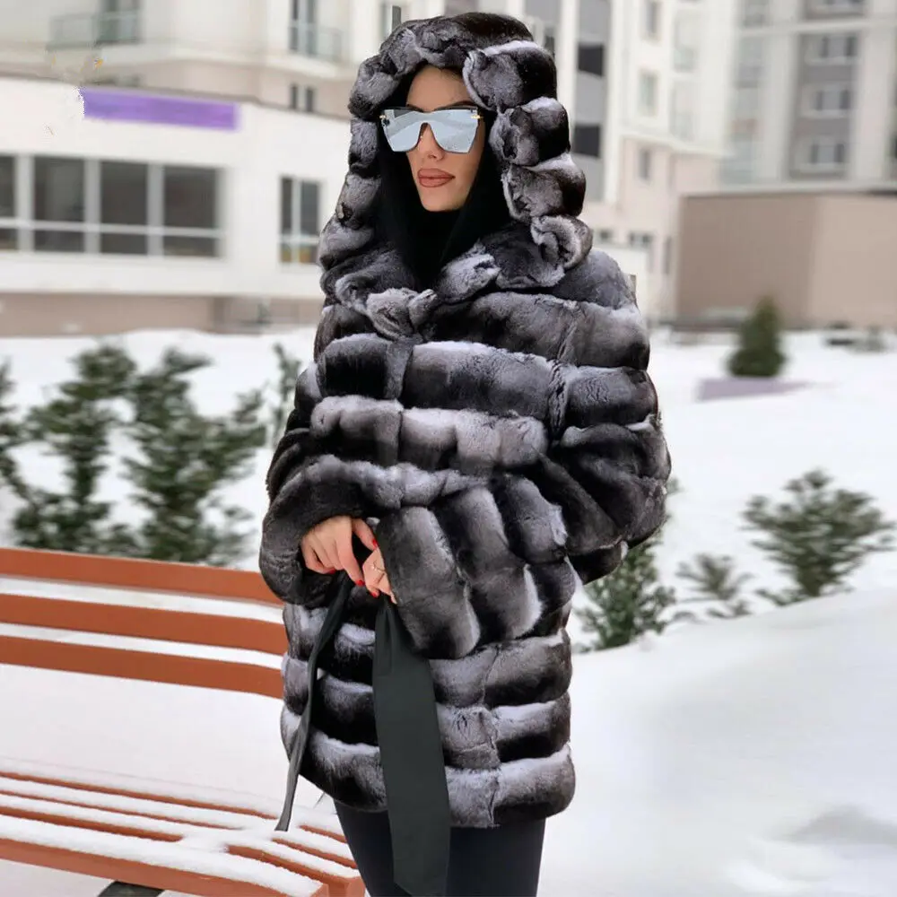 FURSARCAR роскошные женские натуральная Шуба из кролика Рекс 75 см длинные вся кожа с