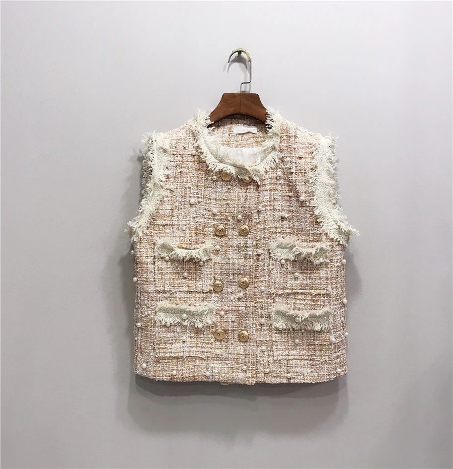 pink vest Маленький ароматный женский осенний шифон рубашка+ двубортный ручной Шипованный бисер жилет твидовый жилет куртка Женский Топ - Цвет: pink vest