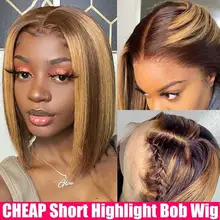 Perruque Bob Lace Front Wig naturelle lisse, cheveux humains, Transparent, ombré, à reflets colorés, bon marché