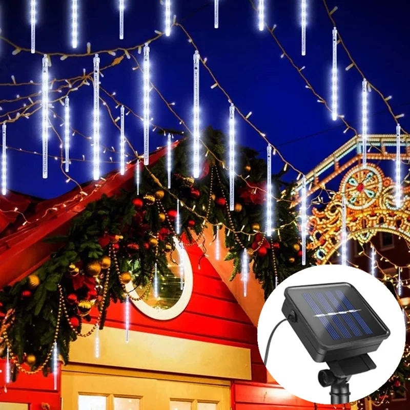 Solar LED Meteor Shower Rain Lights Holiday String Lights Waterproof Garden Light 8 Tubes 144 Leds Christmas Wedding Decoration 30 50cm holiday meteor shower led string lights christmas falling rain lights snow falling icicle cascading light waterproof new