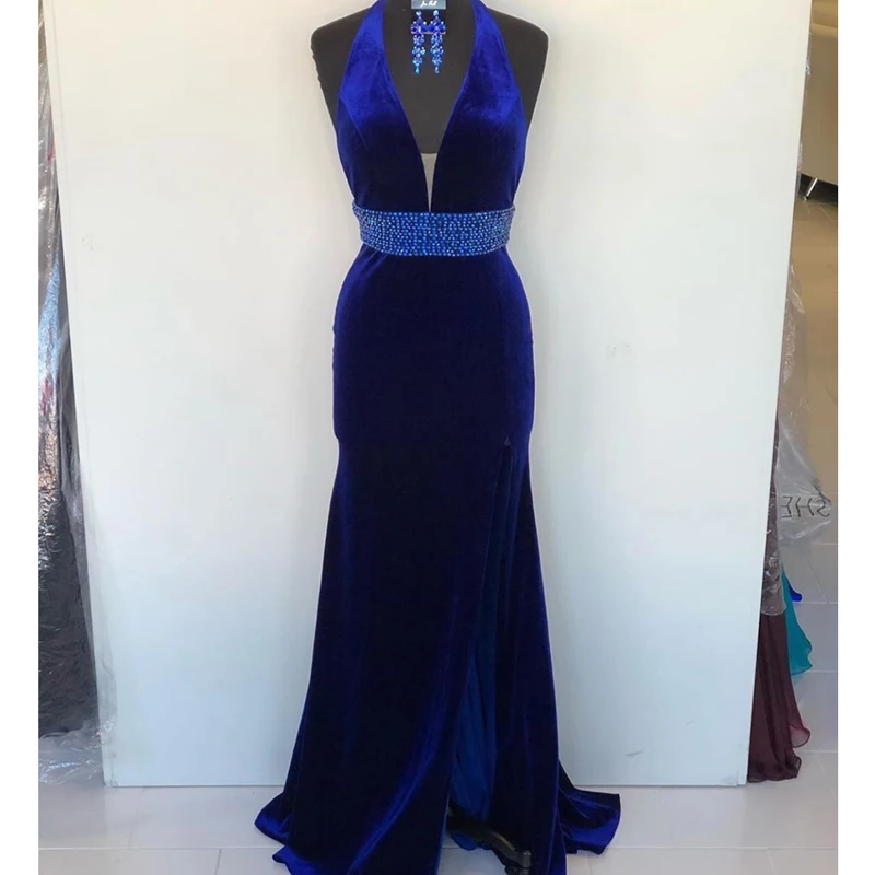 HWTX_Bridal Королевский синий бархат вечернее платье с бисером створки Холтер высокие разрезы Длинные Русалка Выпускные платья Robe de soiree на заказ