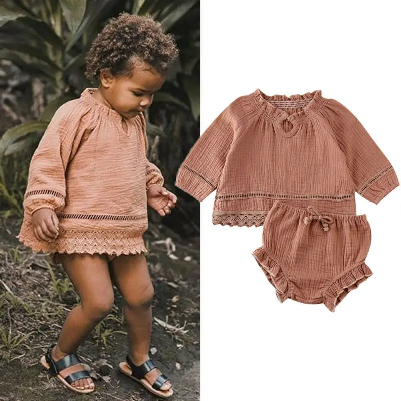 

0-24M Newborn Kid Baby Girl Clothes set Long Sleeve Loose Lace Tops T-shirt Shorts suit Elegant Casual Plain Sweet Cute Outfits