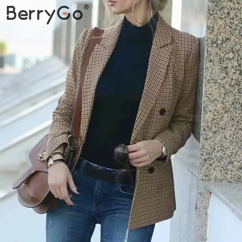 BerryGo винтажный клетчатый Блейзер пальто для женщин Осень-зима офисные женские