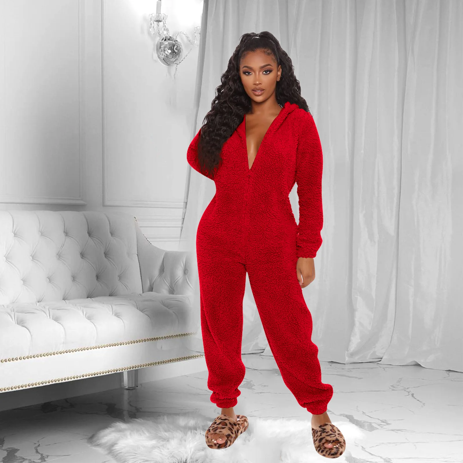 Winter Warm Pyjamas Jumpsuit Women Fluffy Fleece Jumpsuits Sleepwear Warm Overall Plus Size Hood Sets Pajamas For Women Adult