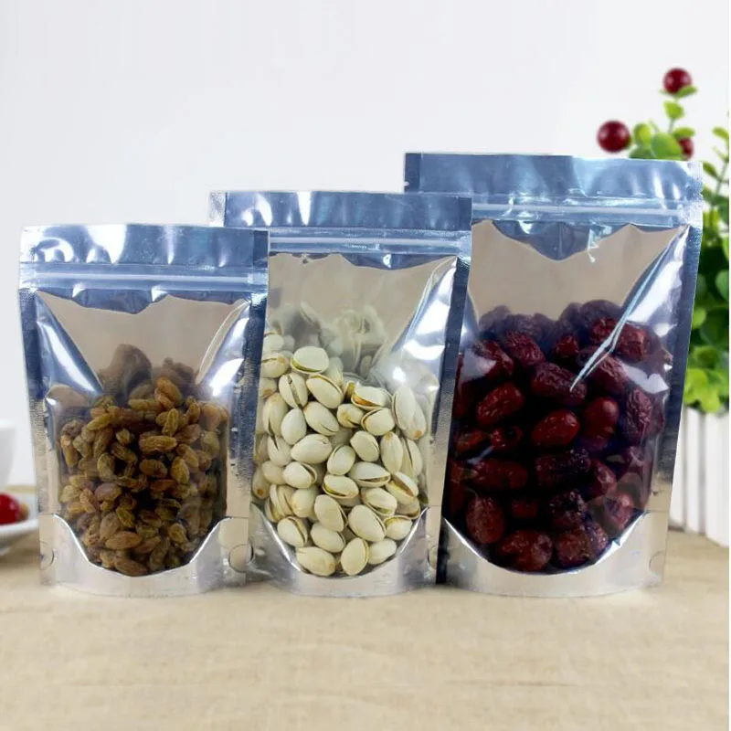

100Pcs Stand up Clear Aluminium Foil Zip Lock Bag, Silvery Metallic Plastic Packaging Pouch for Food Tea Candy Cookie Baking